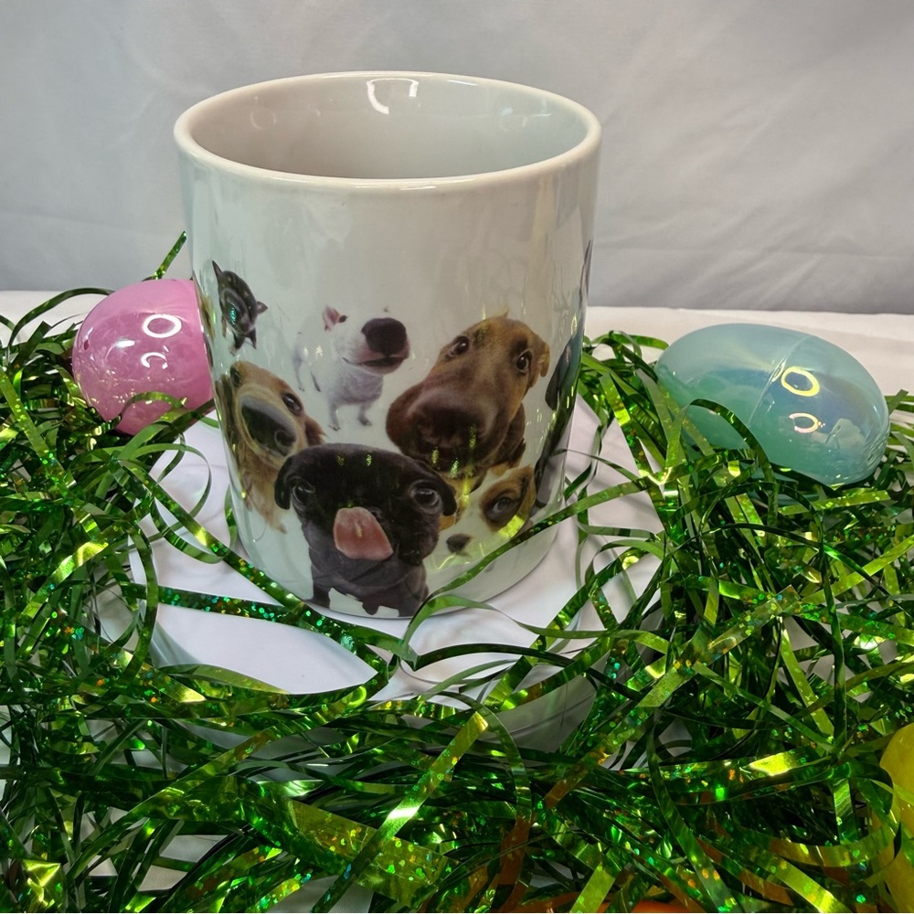 Artist Collection “The Dog” Dog Face Ceramic Mug White w/Multicolor Dog Prints